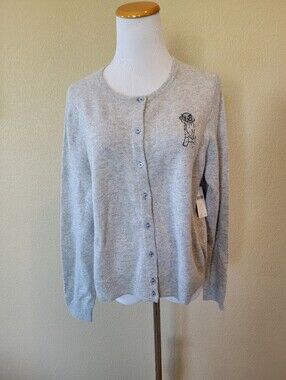 NWT Anthropologie Light Gray Embroidered-Dog Cashmere Cardigan, Size XL